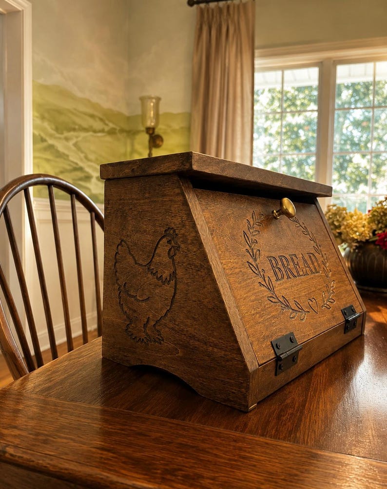 May include: A dark brown wooden bread box with a slanted front door featuring a brass knob. The front panel is engraved with a wreath, a small heart, and the word BREAD. The side panel displays an engraved chicken silhouette. Black metal hinges.