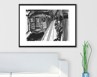 Pluma de arte icónico del metro de la ciudad de Nueva York y dibujo de boceto de tinta IMPRESIÓN - "NYC Subway No. 1"