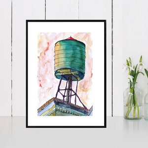 New York City iconische skyline watertoren, inkt en aquarel Art PRINT - &quot;Watertoren nr. 5&quot;