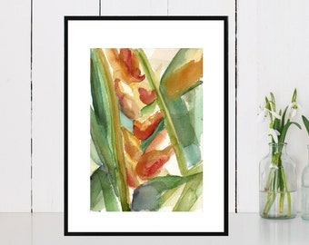 Art, Painting, Abstract, Tropical, Floral, Watercolor, Botanical, Bird of Paradise. Leaves  Print - "Lobster Claw"