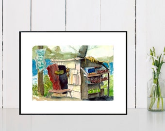 Art Painting Watercolor Tropical Shabby Rustic Roadside Rural Jamaican Shop PRINT - "Sunrise, One Stop"
