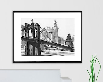 Pont de Brooklyn emblématique de New York, stylo et encre Art PRINT - « Brooklyn Bridge No. 2 »