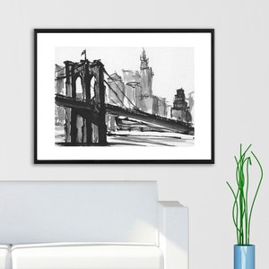 New York City Iconic Brooklyn Bridge , Pen and Ink Art PRINT - "Brooklyn Bridge No. 2"