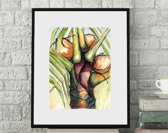 Art Painting Watercolor Jamaica Tropical Coconut Palm Tree Caribbean Print -  "Paradise Palm No. 2"