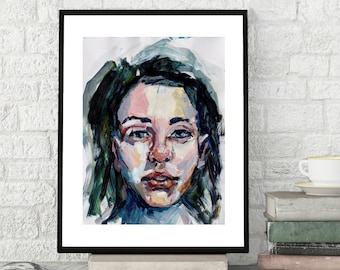 May include: A framed painting of a person with dark hair and blue eyes. The painting is done in a colorful style with brushstrokes visible.