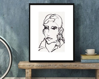 Art  Drawing Pen and Ink  Sketch Portrait Woman Face Black and White PRINT - "She Reluctantly Invited the Neighbors"