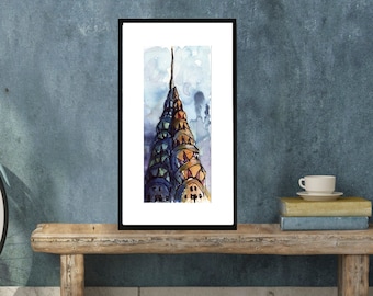 New York City Iconic Skyline, Watercolor and Ink Art  PRINT - "Chrysler Building."