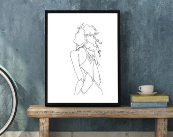 Art  Pen and Ink Drawing Fashion Woman with Curly Hair Glamorous PRINT - "Woman No. 1"