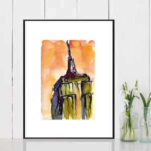 New York City Iconic Skyline, Art Painting Watercolor Sunset  PRINT - "Empire State Building No. 4."