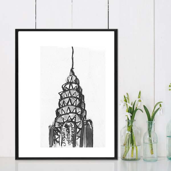 New York City Iconic Skyline Pen and Ink Sketch Drawing Black and White PRINT - "Chrysler Building No. 1"