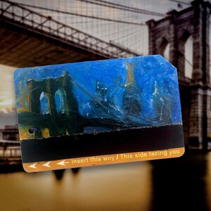 Icon meets icon - Art Oil Painting New York City Brooklyn Bridge on NYC Metro Subway Card - "Brooklyn Bridge No 18"