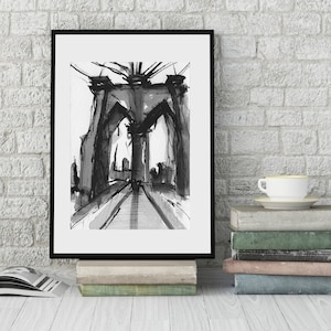 New York City Iconic Brooklyn Bridge , Pen and Ink Art PRINT -  "Brooklyn Bridge No. 3"