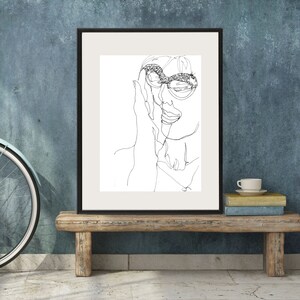Art  Pen and Ink Drawing Black and White Hollywood Glamour Woman Sunglasses PRINT - &quot;Woman No. 18&quot;