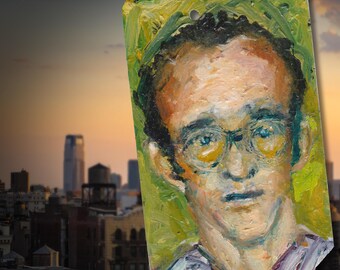 Pintura al óleo original: Retrato del artista Keith Haring en la tarjeta del metro de Nueva York