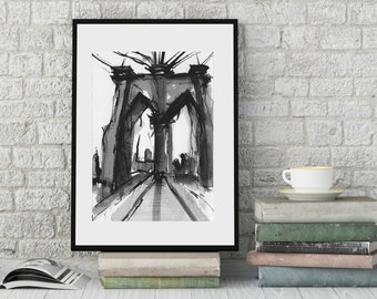 New York City Iconic Brooklyn Bridge , Pen and Ink Art PRINT -  "Brooklyn Bridge No. 3"