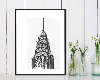 Dibujo de boceto en tinta y pluma del horizonte icónico de la ciudad de Nueva York IMPRESIÓN en blanco y negro - "Chrysler Building No. 1"