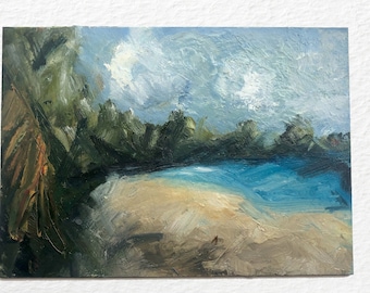 May include: A painting of a beach scene with a blue sky, white clouds, green trees, and a sandy beach with blue water.