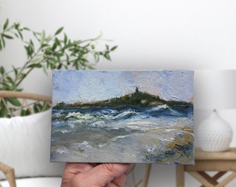 Phare de l'île de la plage côtière du Maine, peinture à l'huile originale - « Maine no 8 »