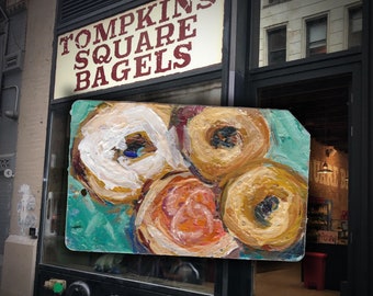 Desayuno icónico de Nueva York - Pintura al óleo Lox Bagel Cream Cheese Desayuno de Nueva York en la tarjeta del metro de Nueva York - "Bagel No. 25"