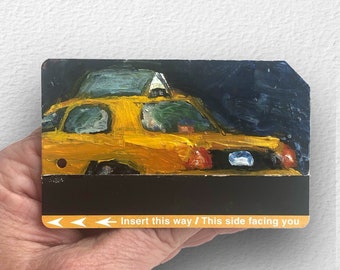 El taxi pasó volando, tome el tren... Arte original Pintura al óleo de la ciudad de Nueva York en la tarjeta del metro de Nueva York "NYC Taxi No. 29"