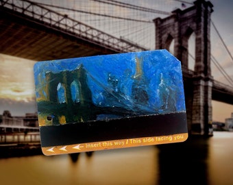 Icon meets icon - Art Oil Painting New York City Brooklyn Bridge on NYC Metro Subway Card - "Brooklyn Bridge No 18"