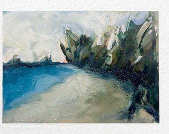May include: An original oil painting depicting a landscape scene. The artwork features a blue body of water, a light-colored shore, and dark green foliage. The sky is painted with white and light blue brushstrokes.