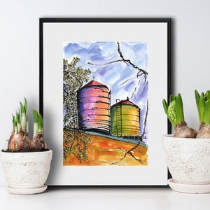 New York City Skyline Art Painting Watercolor Water Towers PRINT -  &quot;Water Tower No. 8&quot;