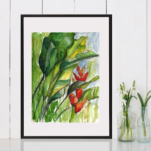 May include: Watercolor painting of a tropical plant with large green leaves and red flowers. The painting is framed in a black frame and is hanging on a white wall.