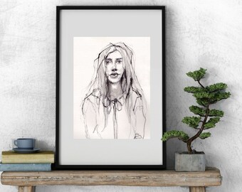 Art Drawing Pen and Ink Woman  Ruffle Collar Portrait PRINT- "Ruffled Collar"