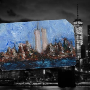 NYC Skyline No. 6 - Original art New York City Oil Painting on Recycled NYC Metro Subway Card
