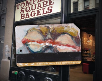 Your "ticket" to the best NYC breakfast - Art Oil Painting Bagel Cream Cheese on NYC Metro Subway Card "Bagel No. 24 "