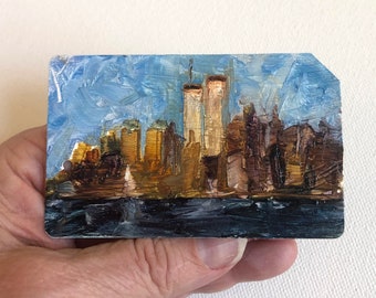 NYC Skyline No. 7 - Arte original Pintura al óleo de la ciudad de Nueva York en tarjeta de metro reciclada de Nueva York