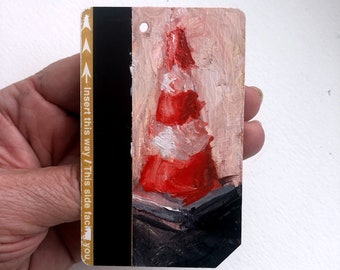 NYC Streets No. 1 - Art Oil Painting New York City Traffic Cone on Recycled NYC Metro Subway Card