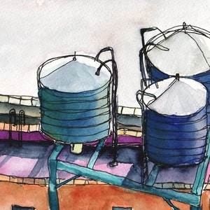 New York City Iconic Skyline Water Tower, Ink and Watercolor Art PRINT Water Tower No. 7 image 2