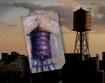 Just look up, NYC... Art Original Oil Painting Winter Sunset Water Tower on NYC Metro Subway Card - "Water Tower No. 48"