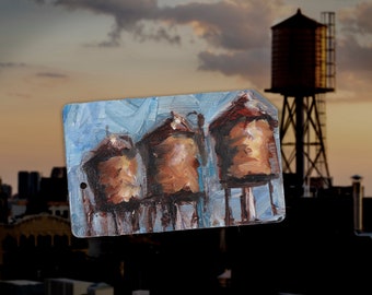 Triplets on the roof  -  Art Oil Painting New York City Water Tower on NYC Metro Subway Card - "Water Tower No. 56 "