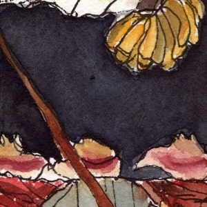 May include: A watercolor painting of a bunch of yellow bananas hanging from a branch, with a dark background and red and brown details at the bottom.