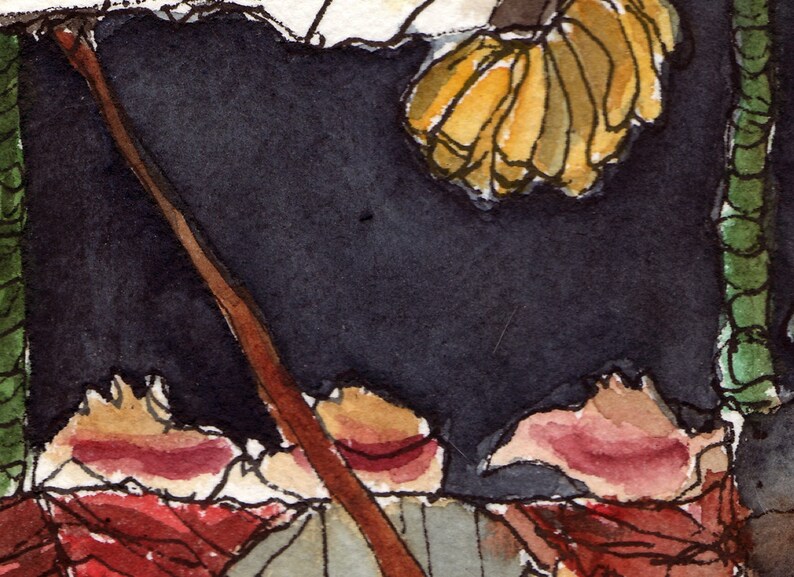 May include: A watercolor painting of a bunch of yellow bananas hanging from a branch, with a dark background and red and brown details at the bottom.