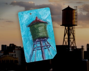 Look up, NYC - Arte Pintura al óleo Torre de agua de la ciudad de Nueva York en la tarjeta del metro de Nueva York - "Torre de agua n.º 39 "