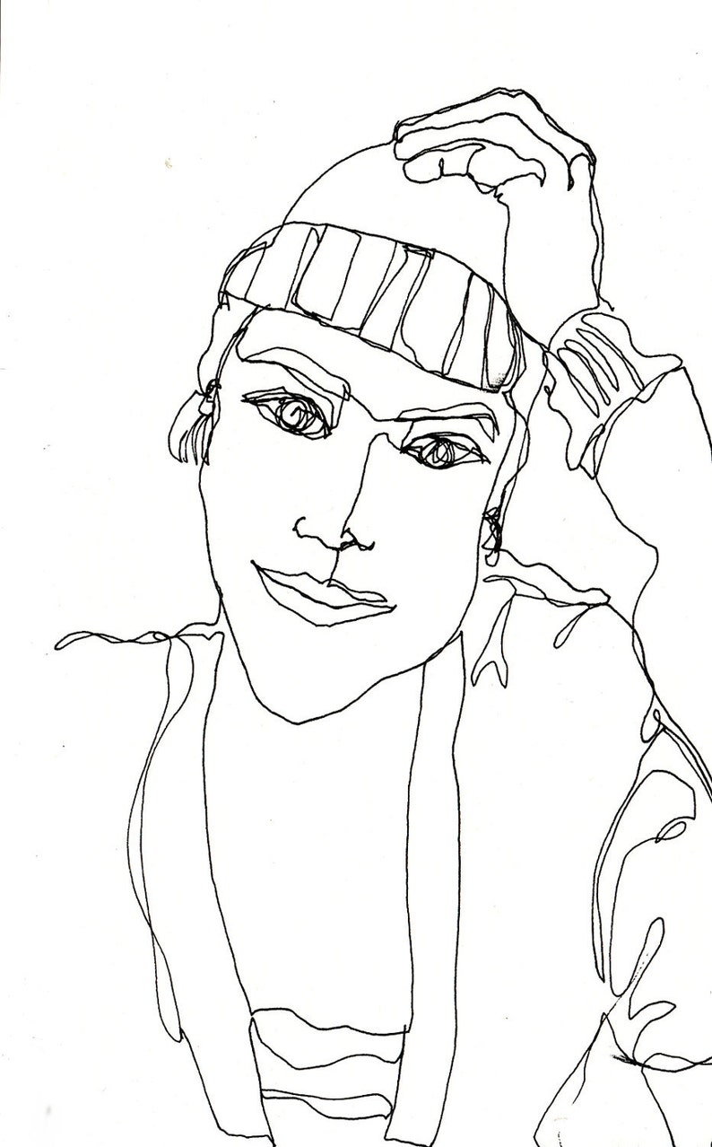 Art Pen and Ink Drawing of Woman in Knit Cap with Hand on 