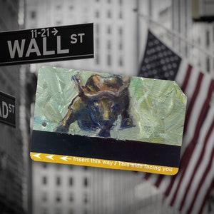 Running with the bulls! Original art New York City Oil Painting on NYC Metro Subway Card - &quot;Wall Street Bull No. 7&quot;