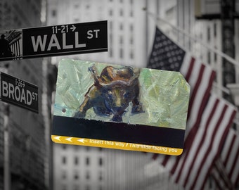 Running with the bulls! Original art New York City Oil Painting on NYC Metro Subway Card - "Wall Street Bull No. 7"