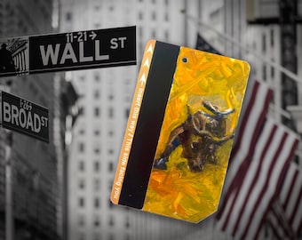 Are you bullish or are you a bear? Original art New York City Oil Painting on Recycled NYC Metro Subway Card - "Wall St Bull No. 8"