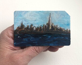 NYC Skyline No. 5  - Original art New York City Oil Painting on Recycled NYC Metro Subway Card