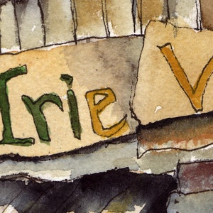 May include: A watercolor painting of two signs with the words "Irie" and "Vi" written on them. The signs are painted in a rustic style with a brown and beige background.