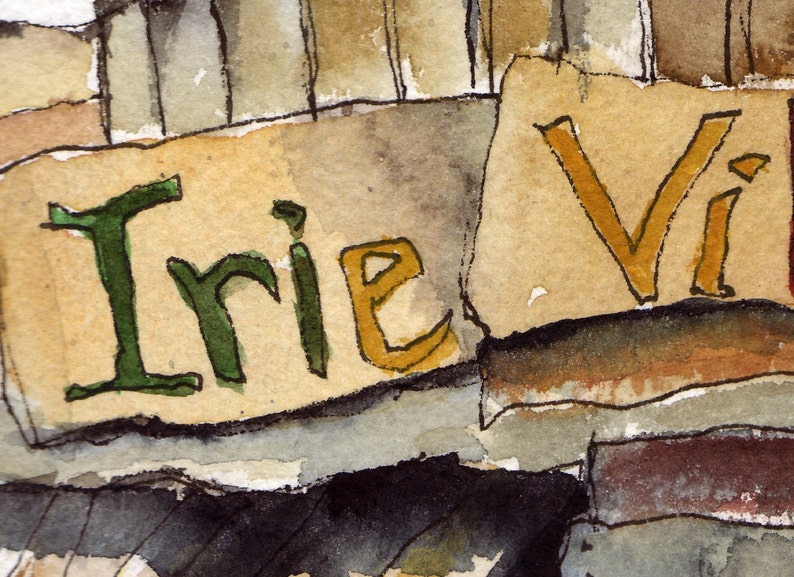 May include: A watercolor painting of two signs with the words "Irie" and "Vi" written on them. The signs are painted in a rustic style with a brown and beige background.
