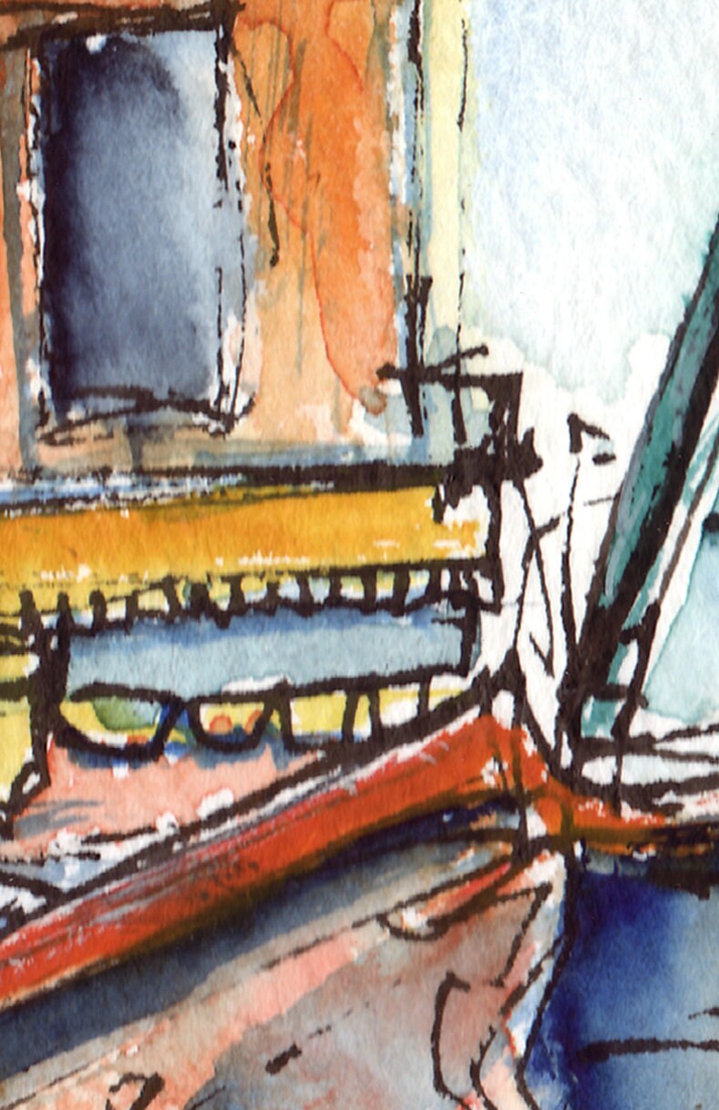 New York City Iconic Skyline Water Tower, Watercolor and Ink