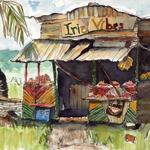 May include: A watercolor painting of a small, wooden shop with a sign that reads "Irie Vibes". The shop is on a beach and has a palm tree in the foreground. There are various fruits and vegetables for sale inside the shop.