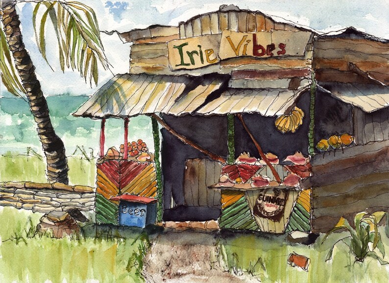 May include: A watercolor painting of a small, wooden shop with a sign that reads "Irie Vibes". The shop is on a beach and has a palm tree in the foreground. There are various fruits and vegetables for sale inside the shop.