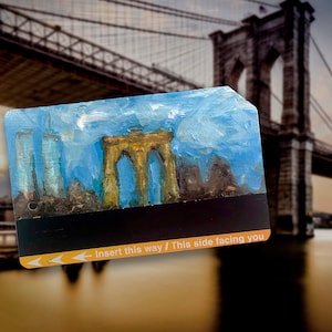 Skyline vintage view from Brooklyn - Art Oil Painting NYC Brooklyn Bridge on Metro Subway Card - "Brooklyn Bridge No. 20"